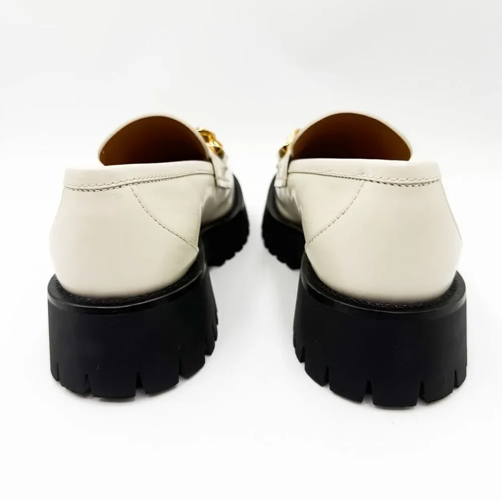 Gucci Jeanne GG Chain Lug Sole White Leather Platform Loafers EU 38 US 8